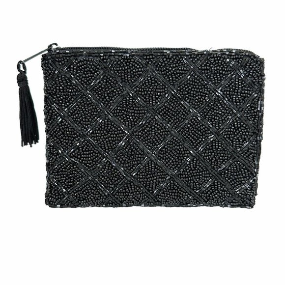 Beaded Fancy Sparkly Tiny Black Prom Evening Formal Clutch Zipper Pouch Bag - Picture 1 of 5